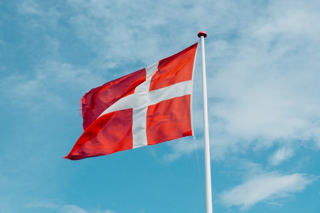 Den danska flaggan, röd med ett vitt kors.